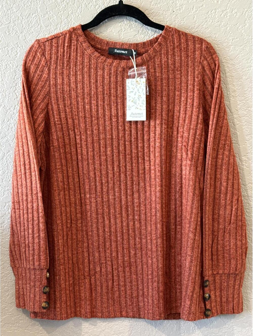 Automet Ribbed Long Sleeve Sweater with Button Cuffs, Size M